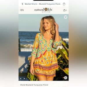 Natural Life Maribel Shorts‎ Set Mustard Turquoise Boho Floral Top Outfit Large